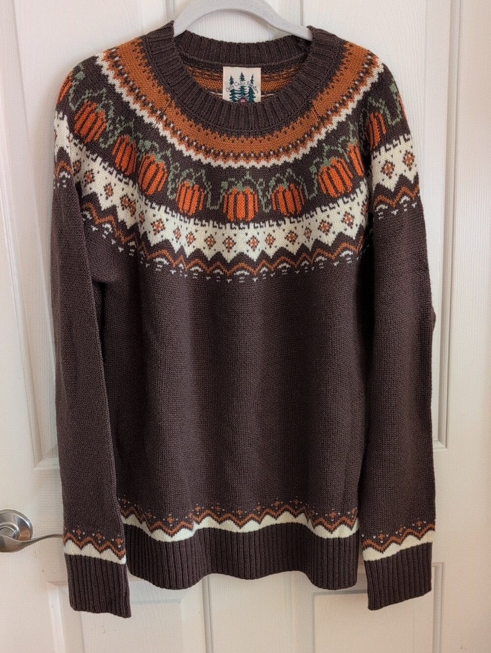 Kiel James Patrick Brown Crewneck Sweater with Orange & Cream Fair Isle Pumpkins